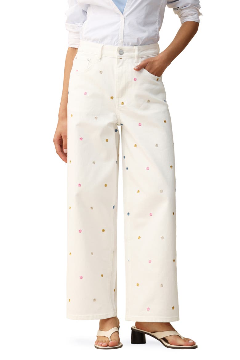 Floral Embroidered Wide Leg Jeans, Main, color, WHITE