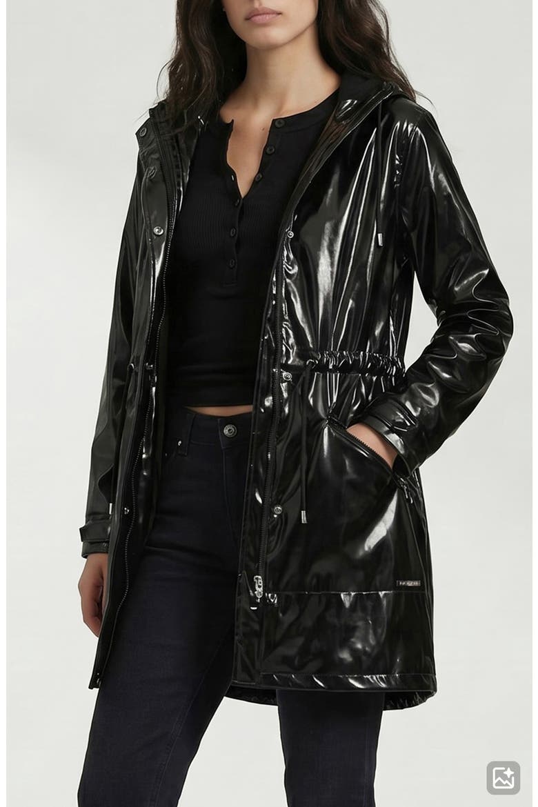 Sibil-V Hooded Water Resistant Coated Vinyl Raincoat, Alternate, color, BLACK VINYL