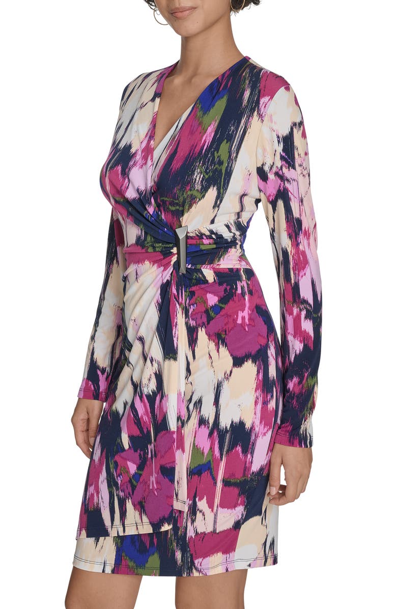 Calvin Klein Floral Long Sleeve Faux Wrap Dress, Alternate, color, Dark Purple Multi