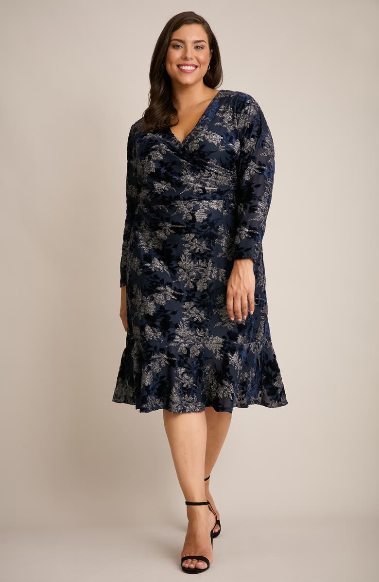 London Times Burnout Floral Velvet Long Sleeve Dress, Alternate, color, Navy Black/ Silver