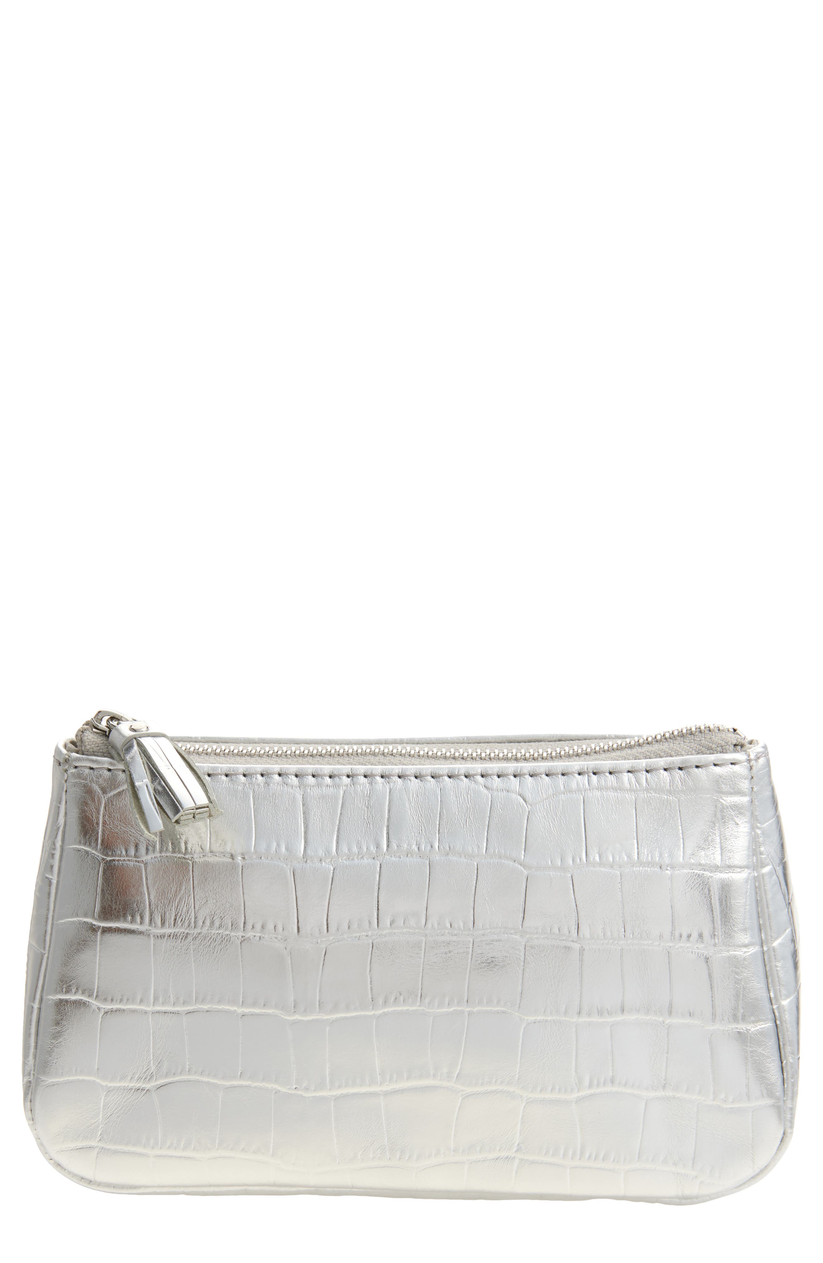 Small Luna Croc Embossed Metallic Leather Cosmetic Pouch, Main, color, SILVER CROC EFFECT