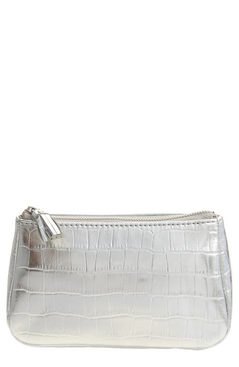 Small Luna Croc Embossed Metallic Leather Cosmetic Pouch