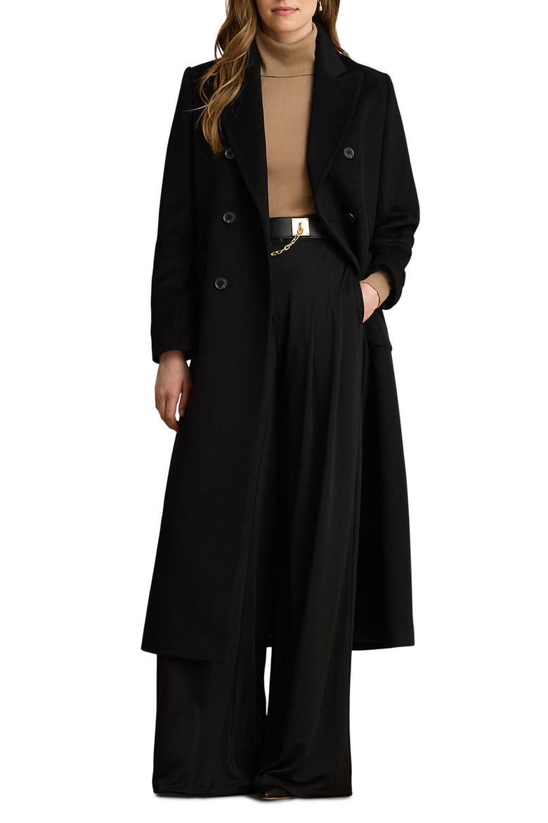 Double Breasted Longline Wool Blend Coat, Main, color, BLACK