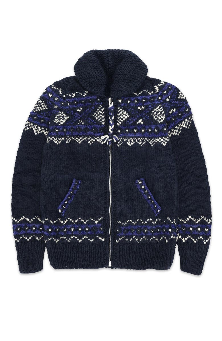 Fortela Navajo Pattern Merino Wool Cardigan, Main, color, Navy Blue