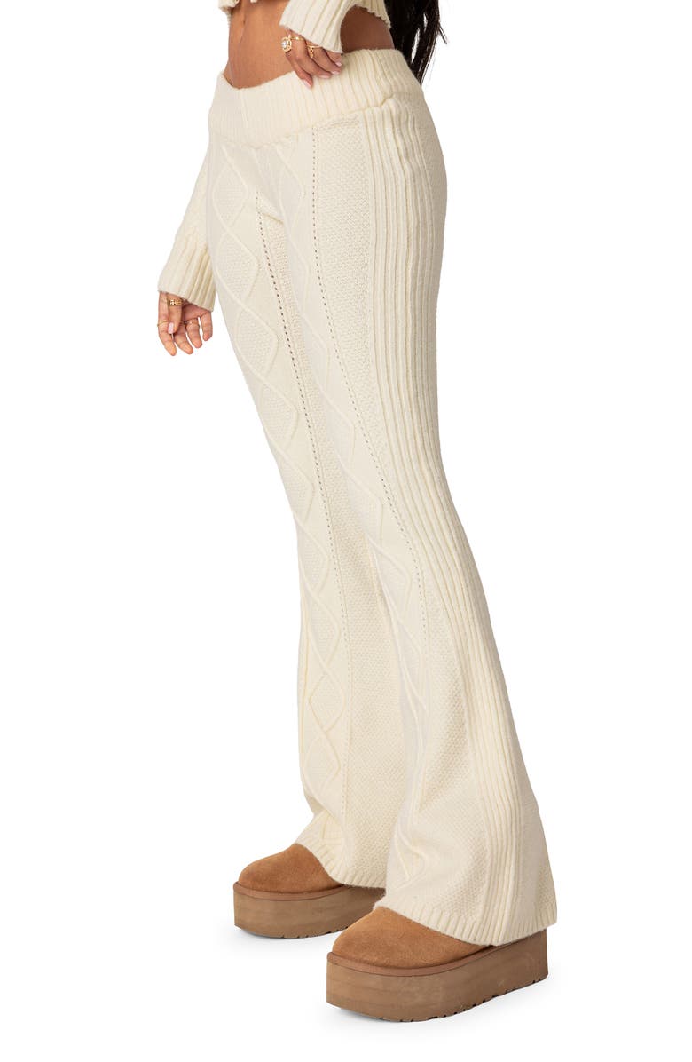 EDIKTED Ray Cable Stitch Knit Flare Sweater Pants, Alternate, color, Cream