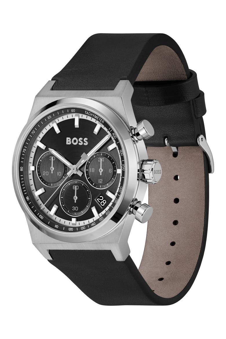 Candor Chronograph Leather Strap Watch, 41mm, Alternate, color, BLACK DIAL
