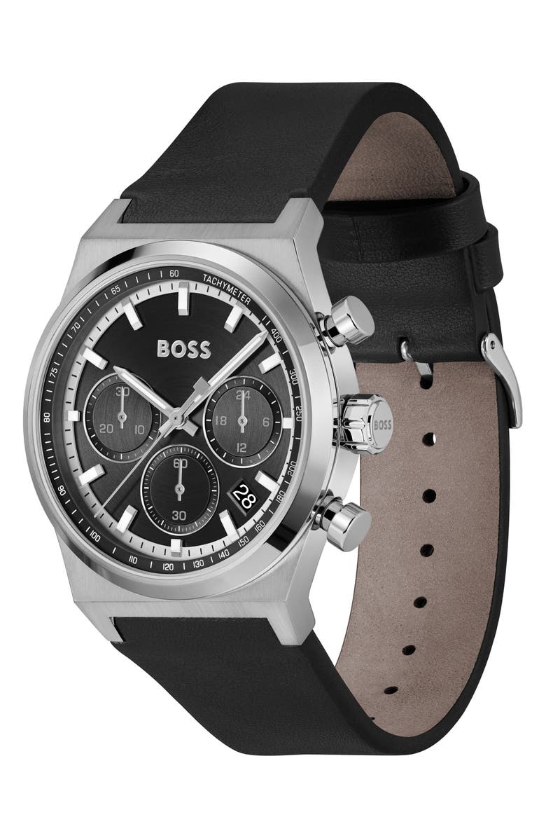 BOSS Candor Chronograph Leather Strap Watch, 41mm, Alternate, color, Black
