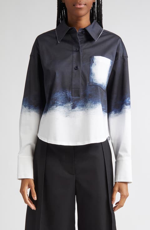 Smudged Button Front Stretch Cotton Canvas Top