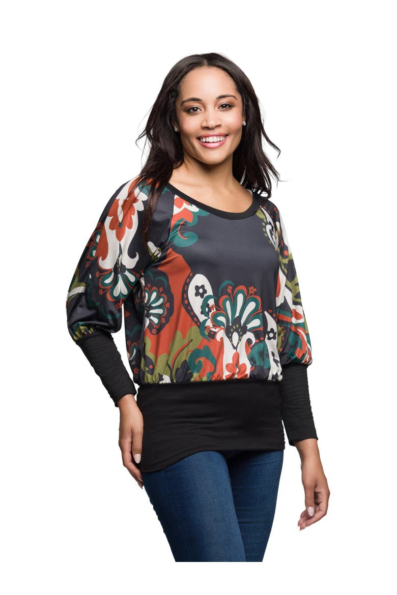 Paisley Print Dolman Sleeve Banded Top, Alternate, color, Gray Multi