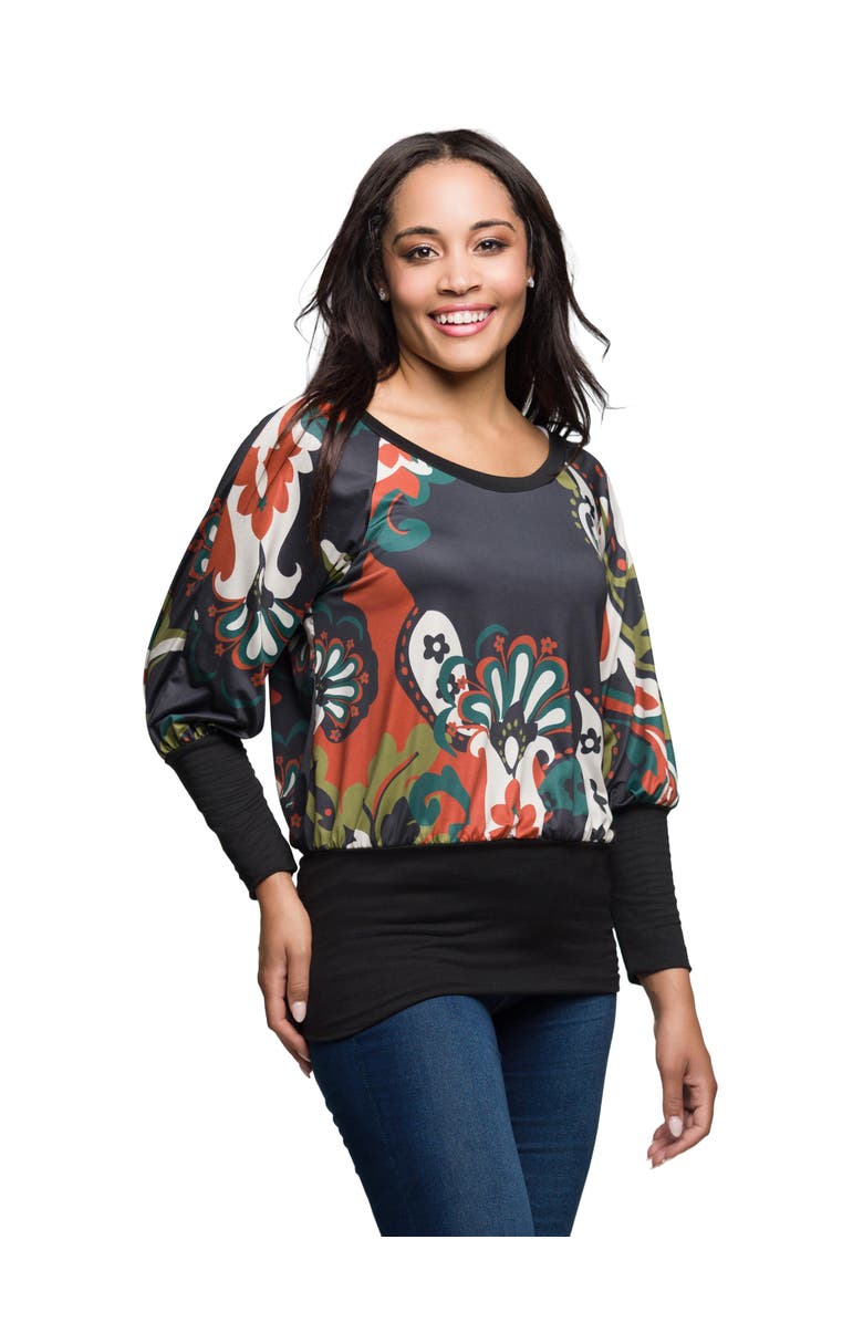 24seven Comfort Apparel Paisley Print Dolman Sleeve Banded Top, Alternate, color, Gray Multi