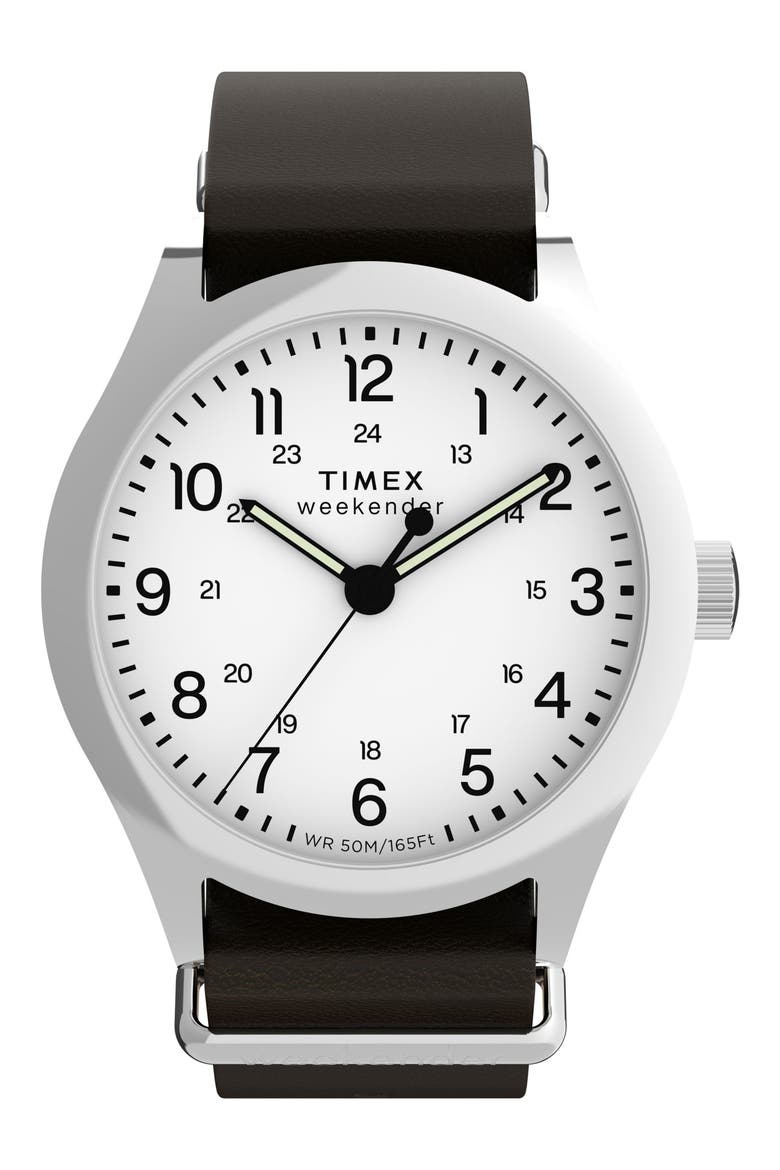 Weekender New England Leather Strap Watch, 39mm, Main, color, WHITE