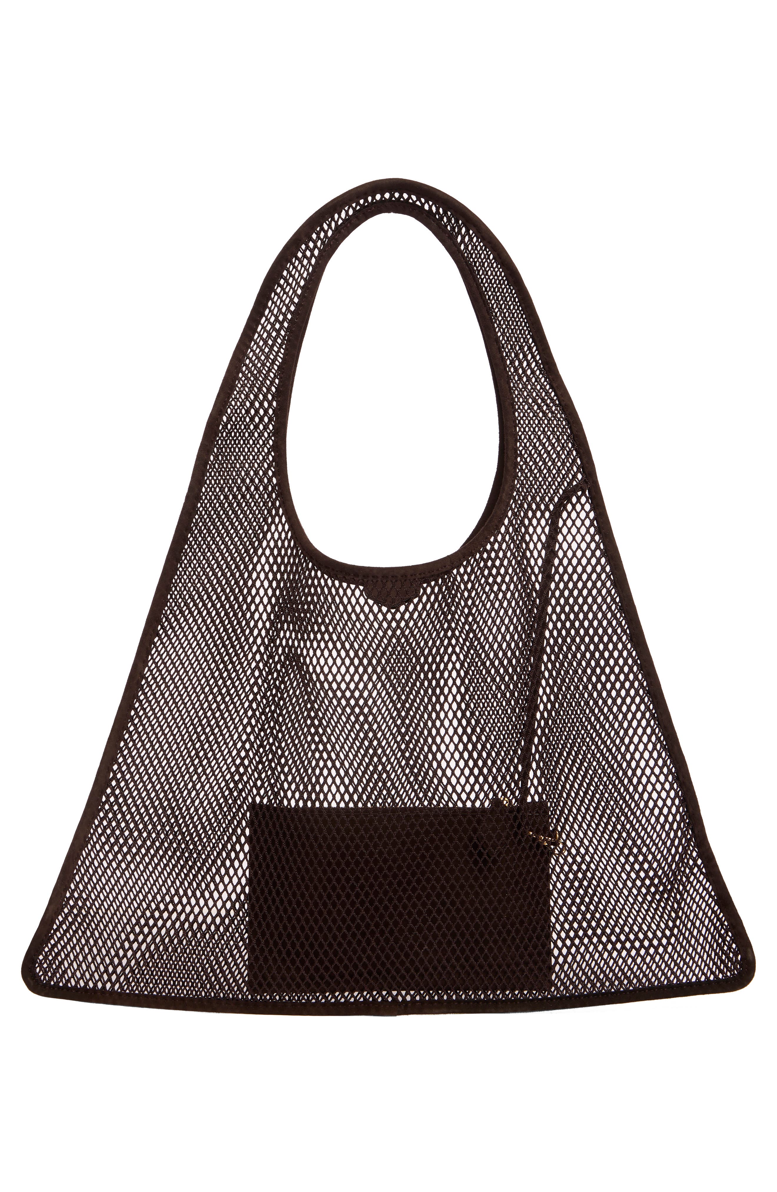 One-Piece Mesh & Suede Shoulder Bag, Alternate, color, BRUN FONCE 733