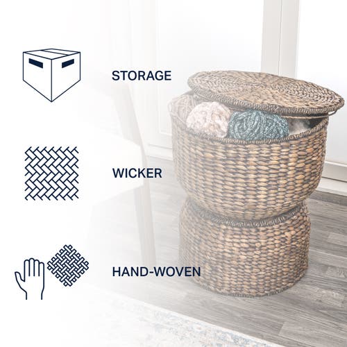 Happimess Bhola Hourglass Handwoven Hyacinth Storage Accent Table With Lid In Brown Wash