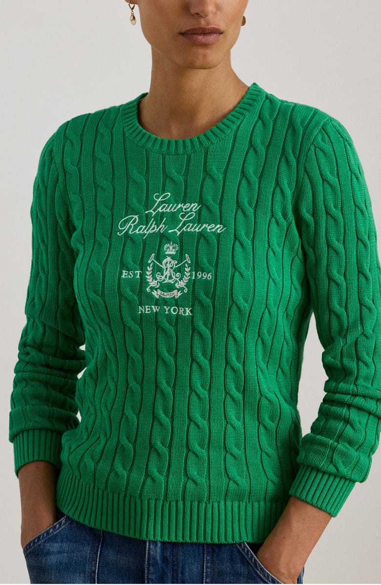 Lauren Ralph Lauren Embroidered Crest Cable Sweater, Alternate, color, Stem Green