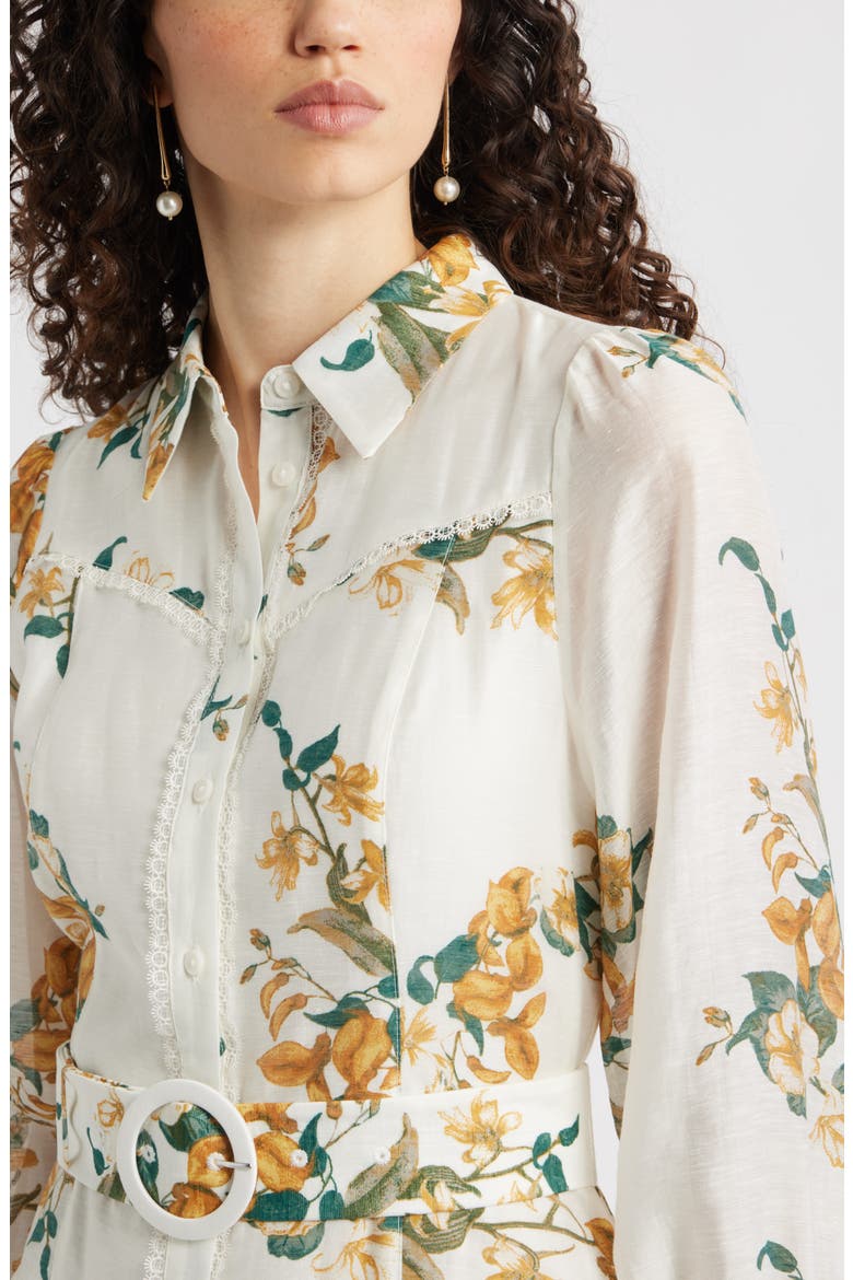 Lace Trim Belted Long Sleeve Mini Shirtdress, Alternate, color, IVORY- BROWN JESSICA FLORAL