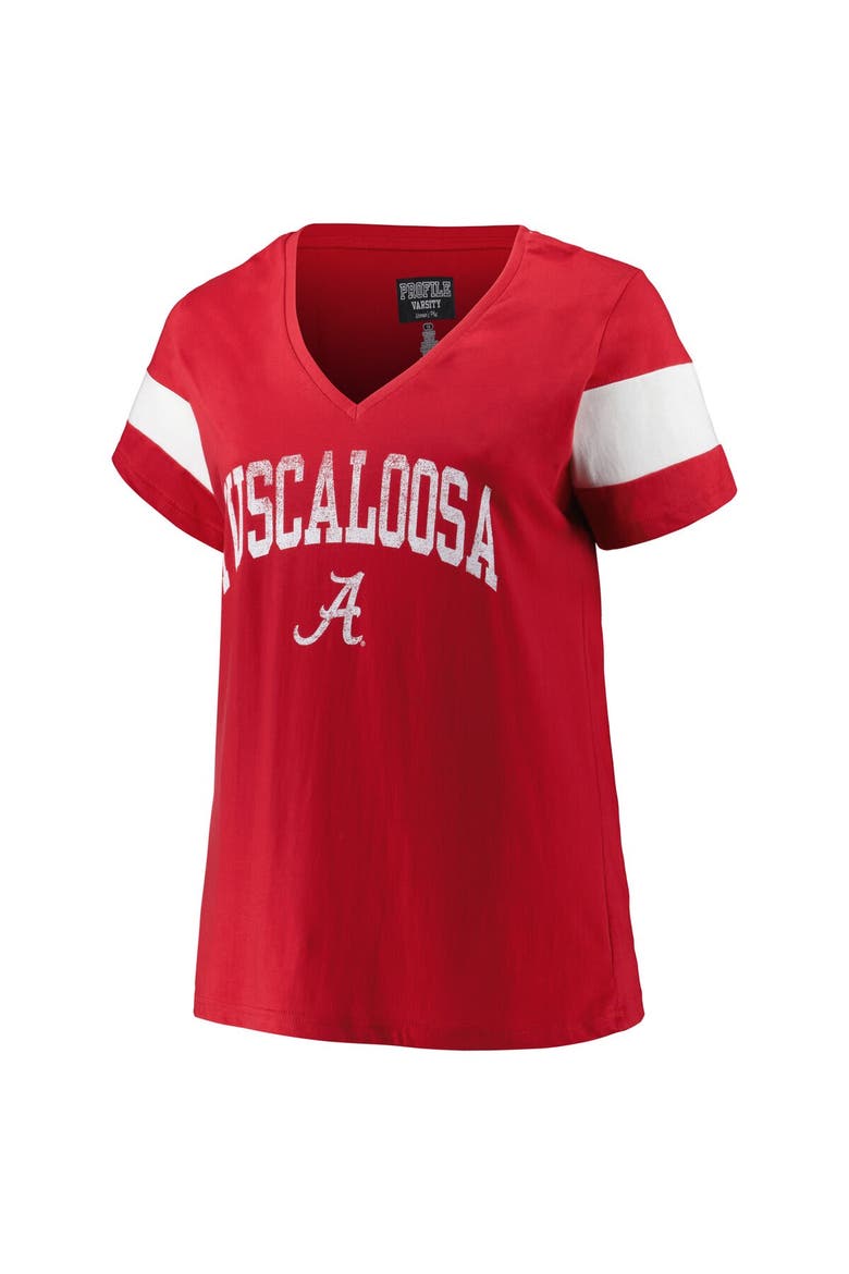 Women's Profile Heather Crimson Alabama Crimson Tide Plus Size Arched City Sleeve Stripe V-Neck T-Shirt, Alternate, color, Crimson