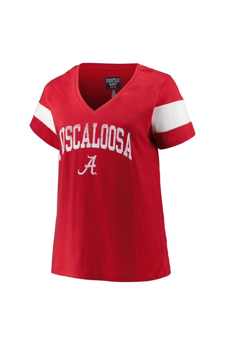 PROFILE Women's Profile Heather Crimson Alabama Crimson Tide Plus Size Arched City Sleeve Stripe V-Neck T-Shirt, Alternate, color, Crimson
