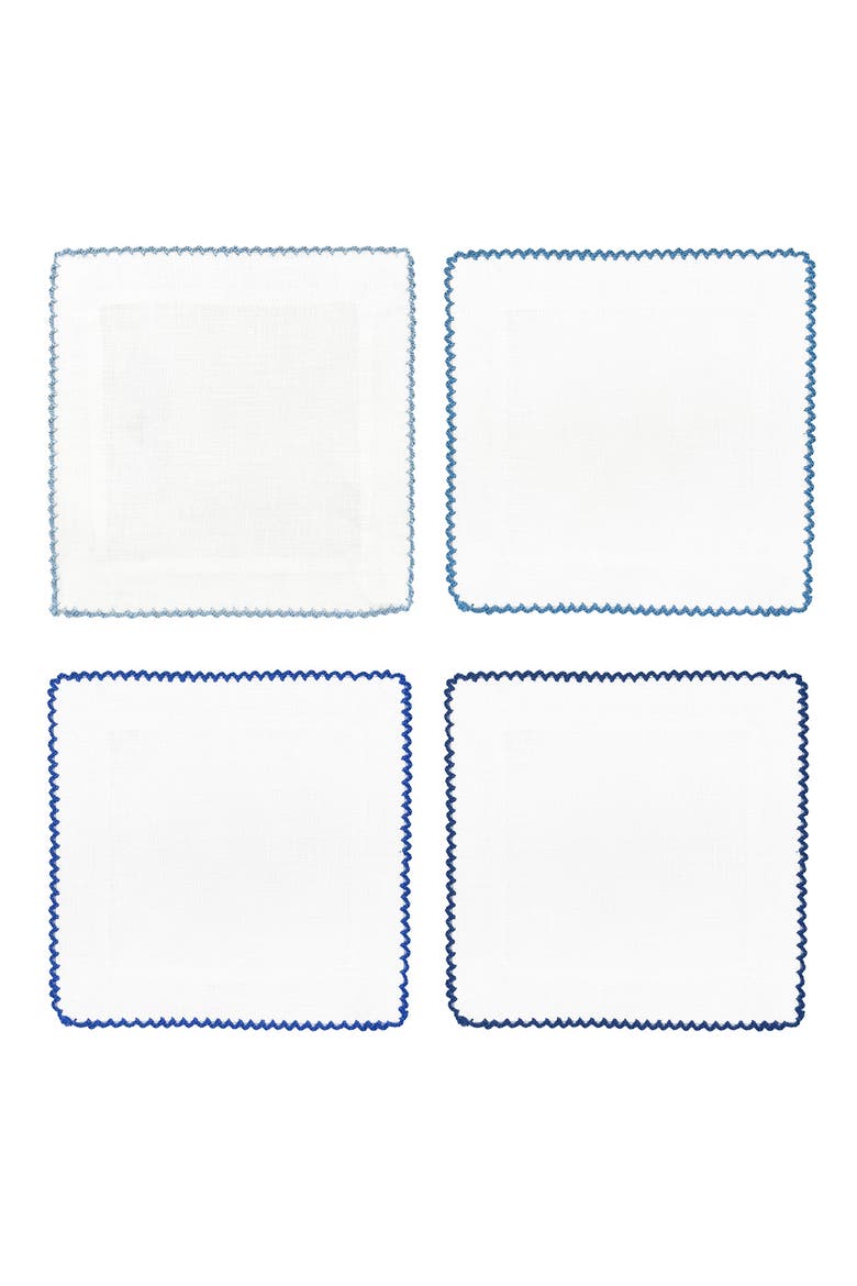 Picot Edge Set of 4 Linen Cocktail Napkins, Alternate, color, MULTI BLUES