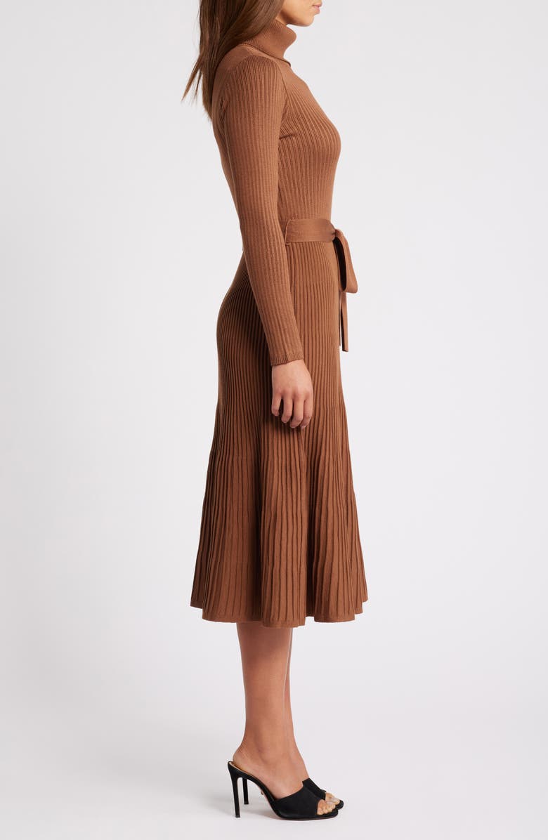 Julia Jordan Turtleneck Long Sleeve Rib Midi Sweater Dress, Alternate, color, Caramel