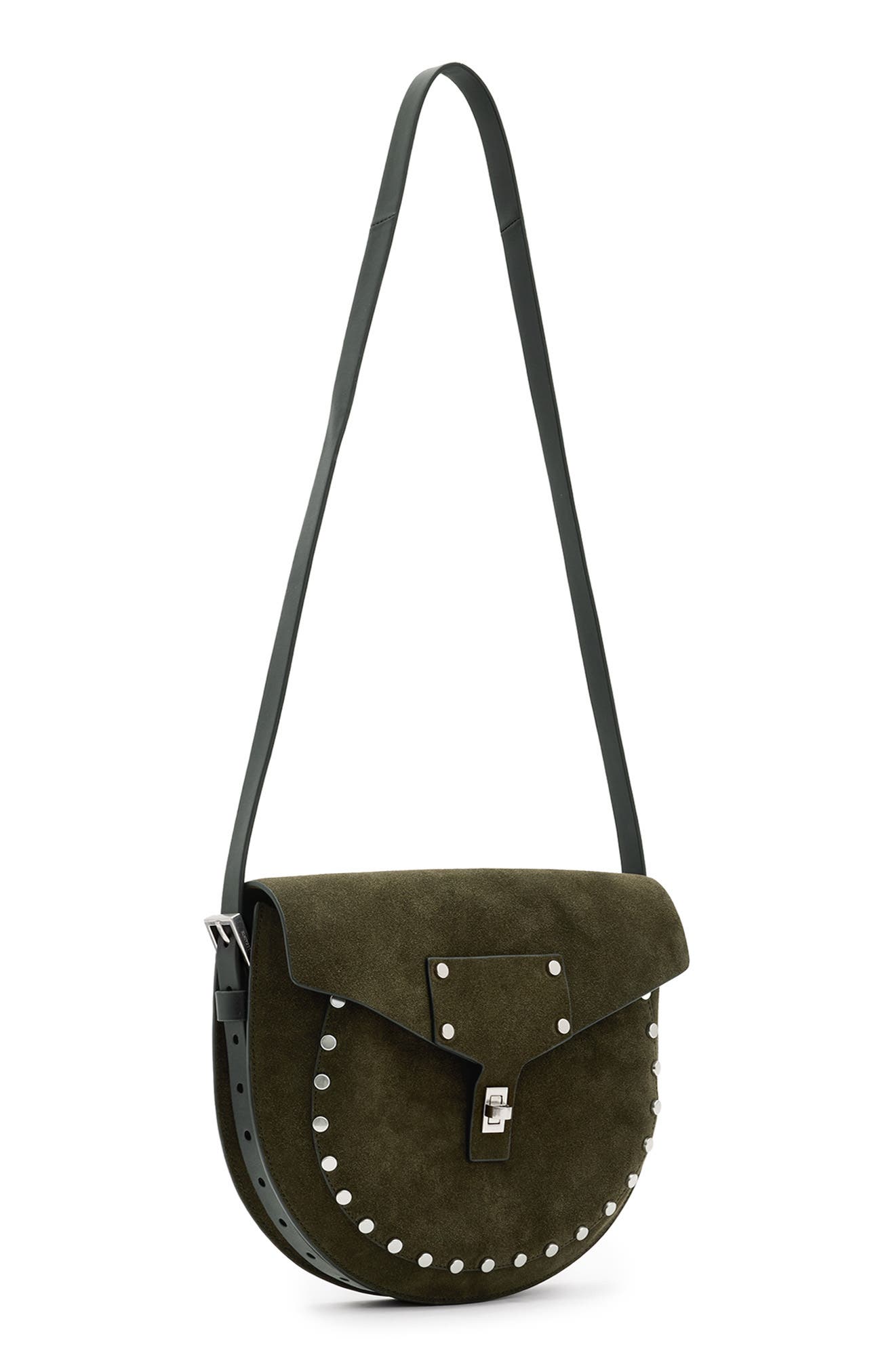 AllSaints Miro Suede Saddle Bag, Alternate, color, 