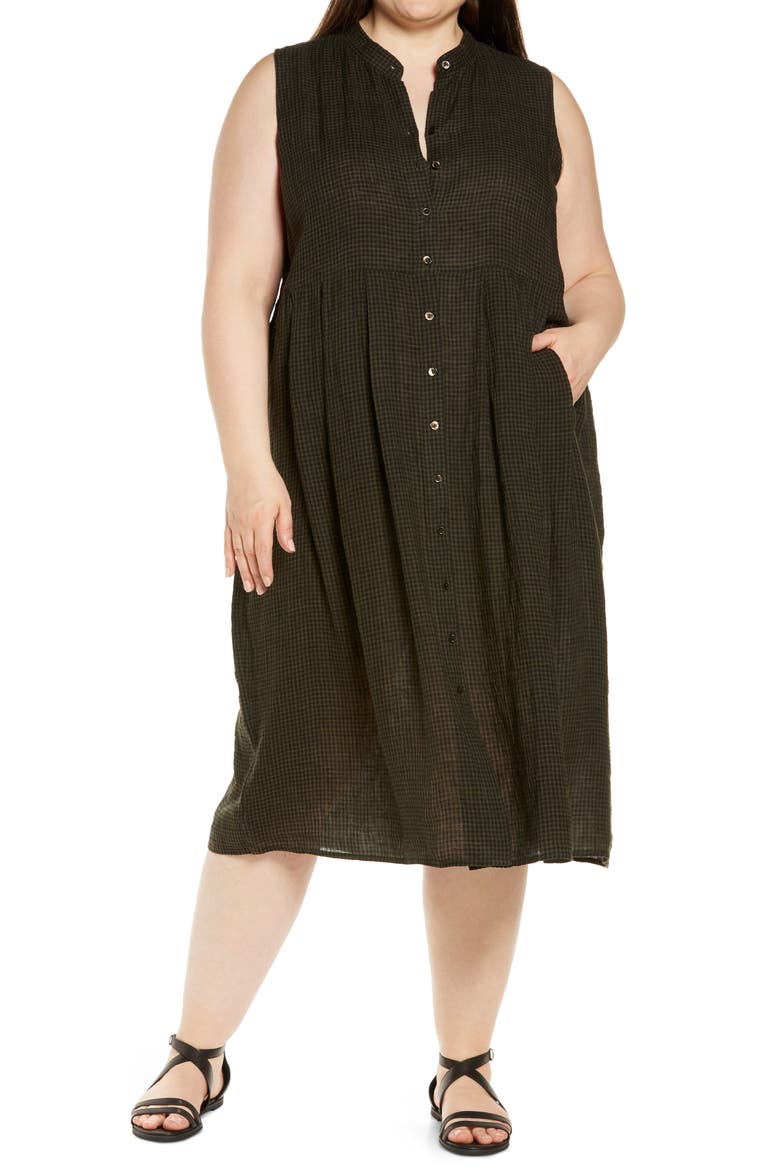 Band Collar Sleeveless Organic Linen Shirtdress, Main, color, SEAWEED