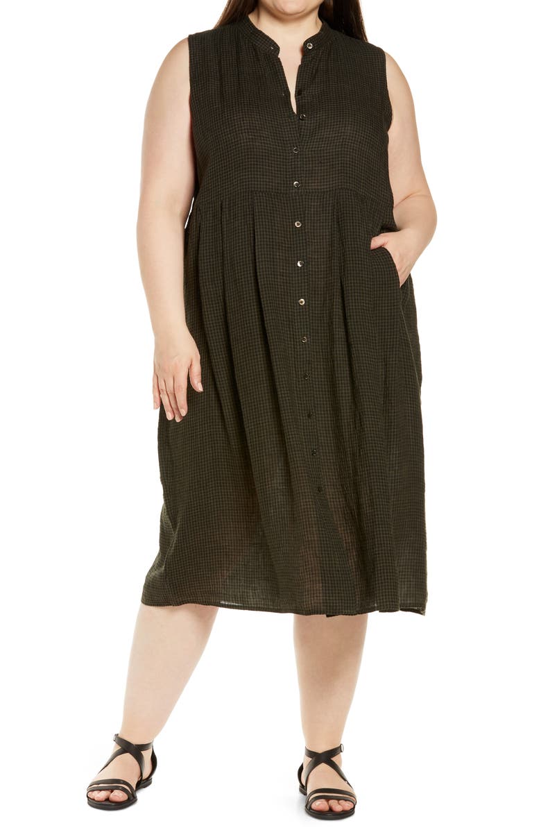 Eileen Fisher Band Collar Sleeveless Organic Linen Shirtdress, Main, color, 