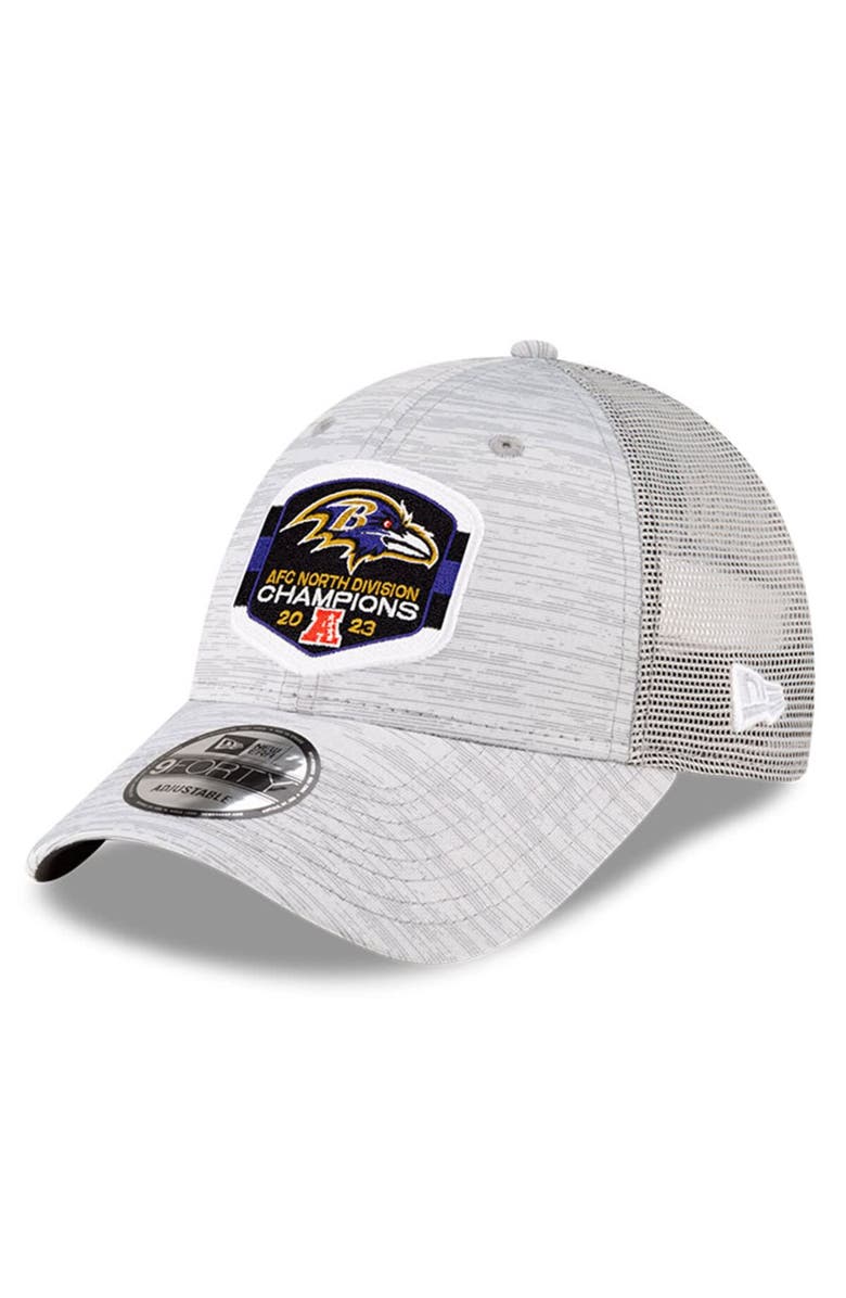 New Era Men's New Era  Heather Gray Baltimore Ravens 2023 AFC North Division Champions Locker Room Trophy Collection Trucker 9FORTY Adjustable Hat, Main, color, 