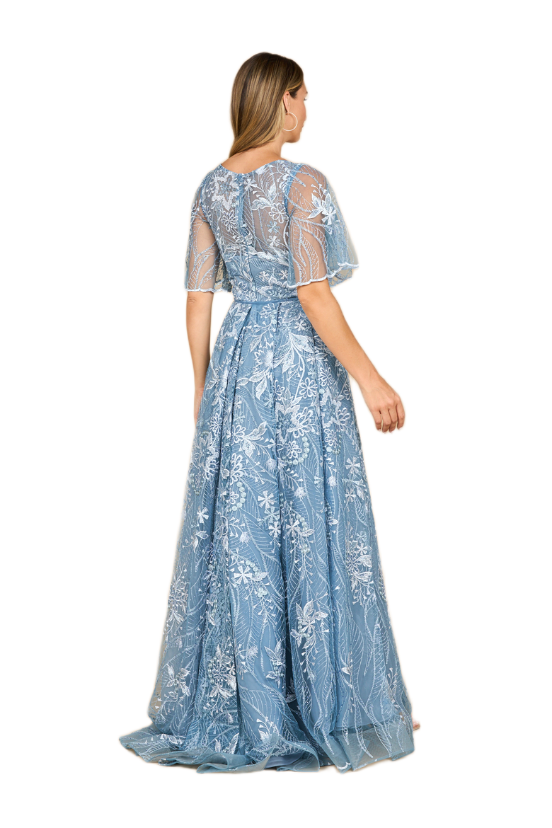 Overskirt Lace Fitted V-Neck Gown with Cape Sleeves, Alternate, color, Blue