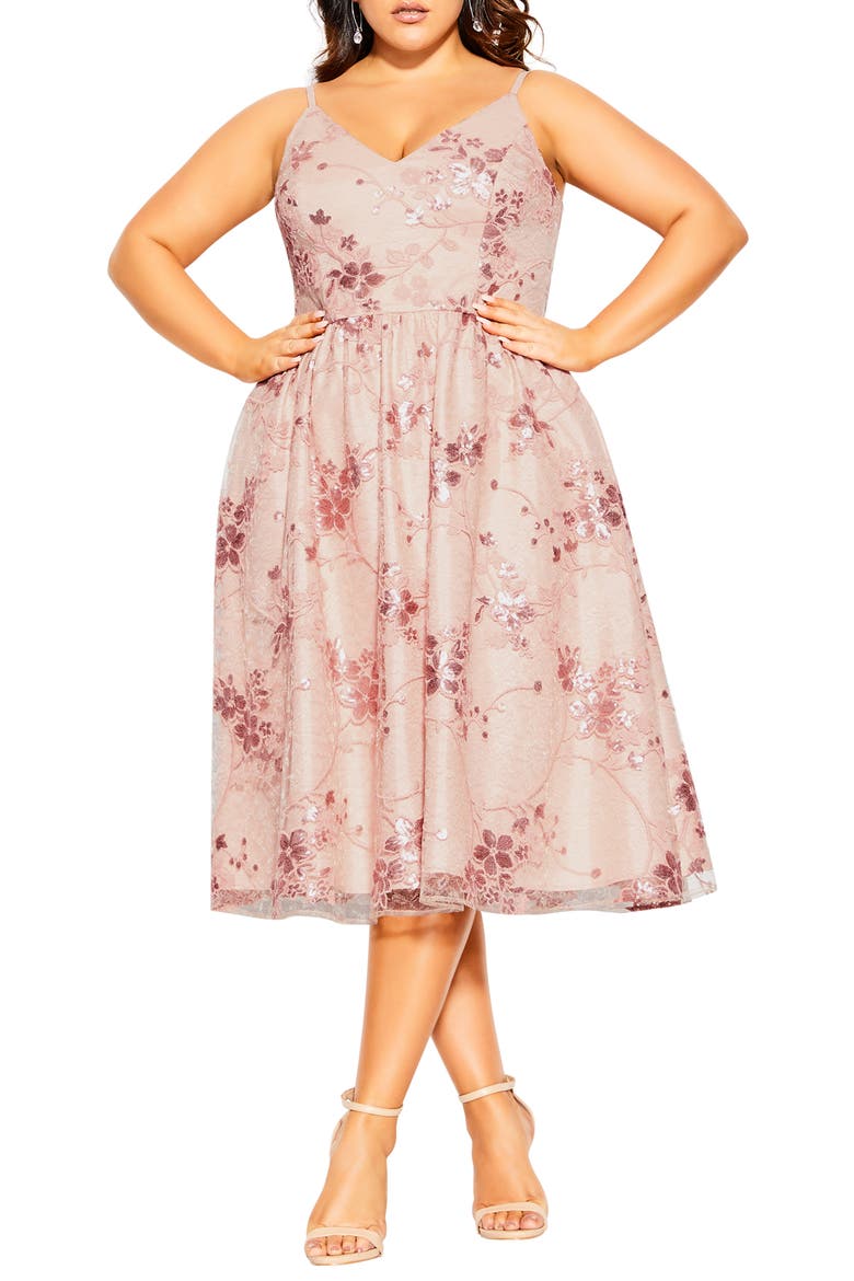 Sequin Flower Fit & Flare Dress, Main, color, BALLET PINK
