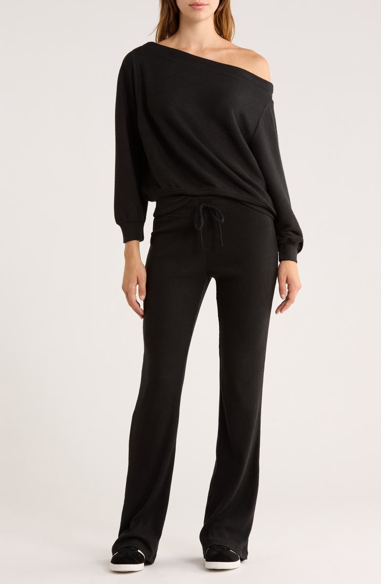 Abound Hacci One-Shoulder Top & Flared Pants Set, Main, color, Black