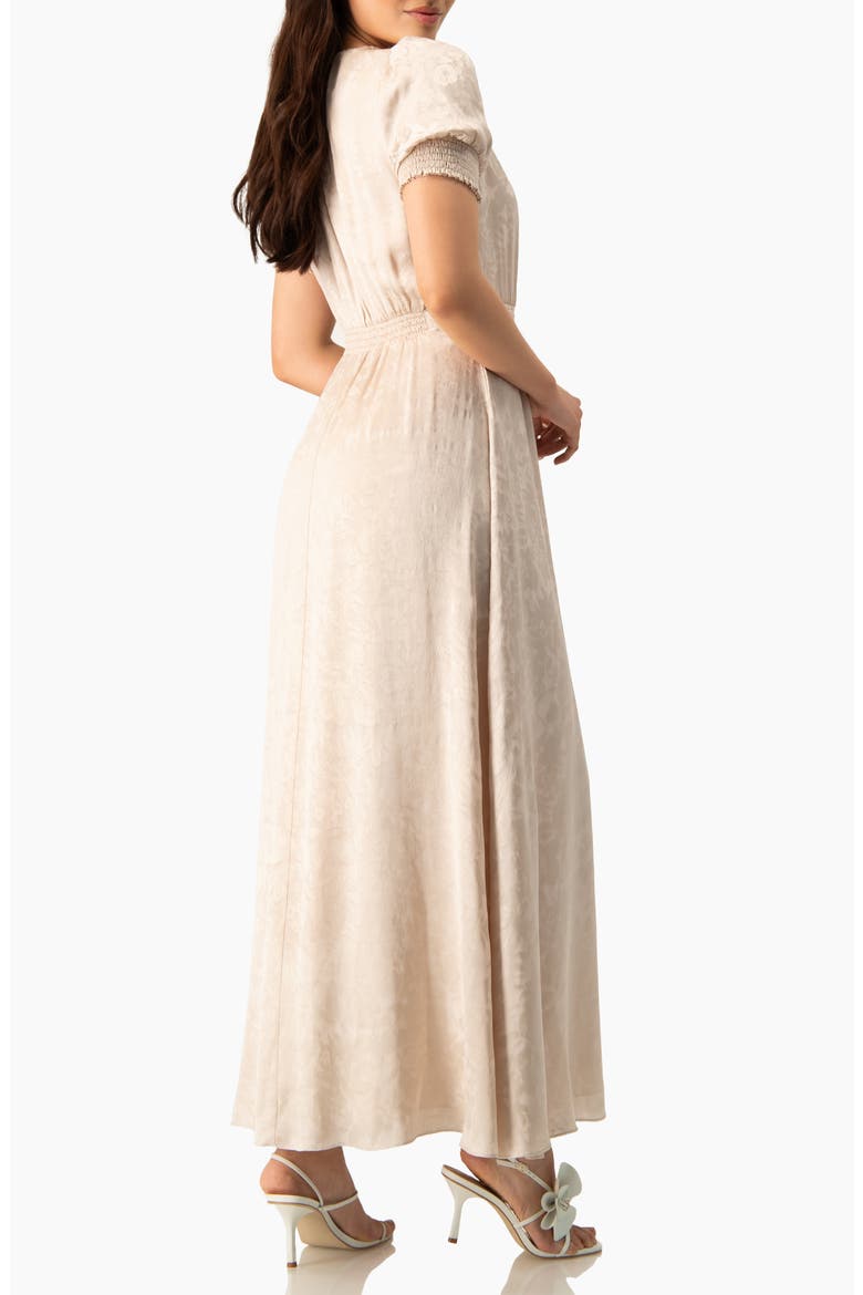 Jacquard Satin Button-Front Maxi Dress with Puff Sleeve and Smocked Waist, Alternate, color, Beige