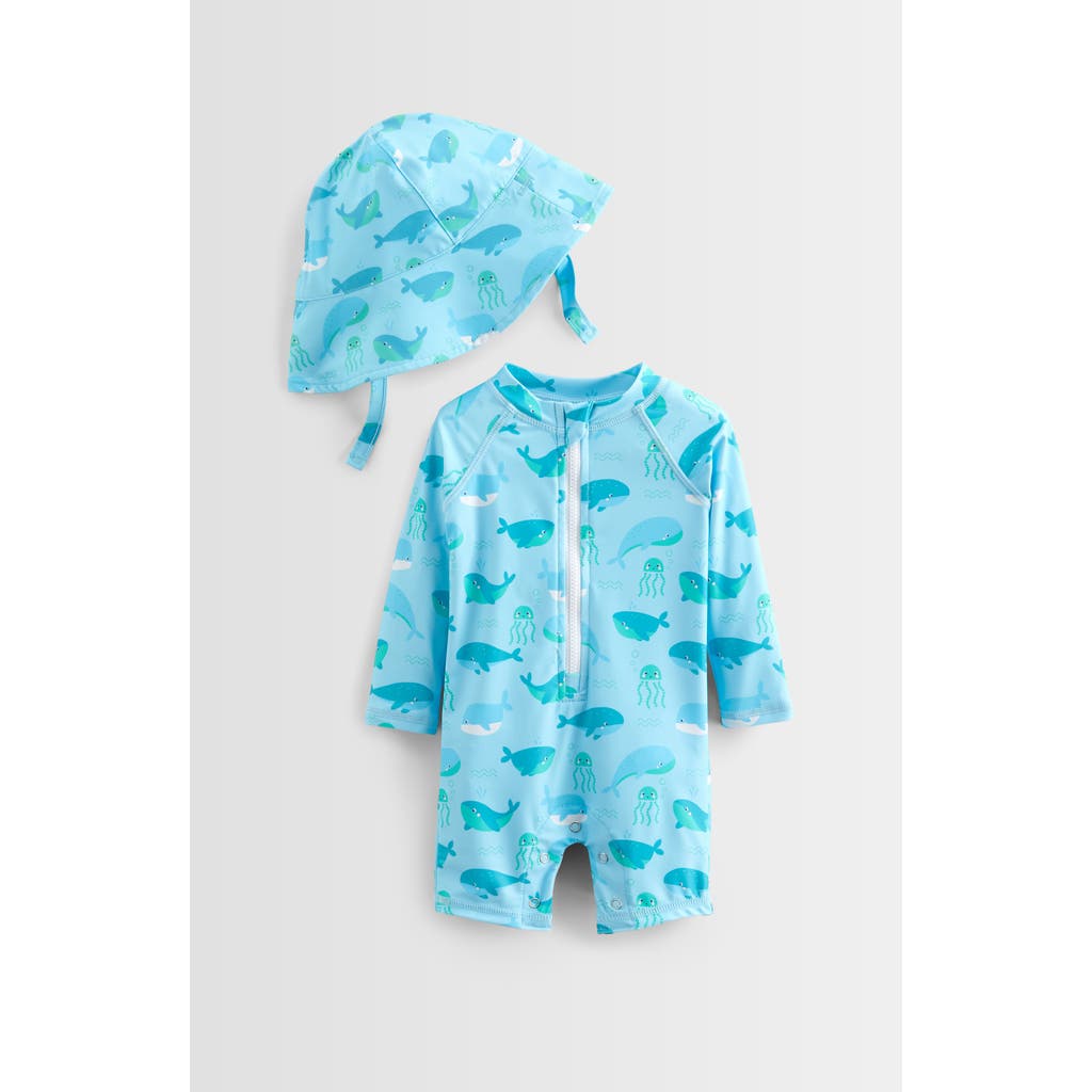 Tucker + Tate One-piece Romper Swimsuit & Bucket Hat Set In Blue Fade Whale Friends
