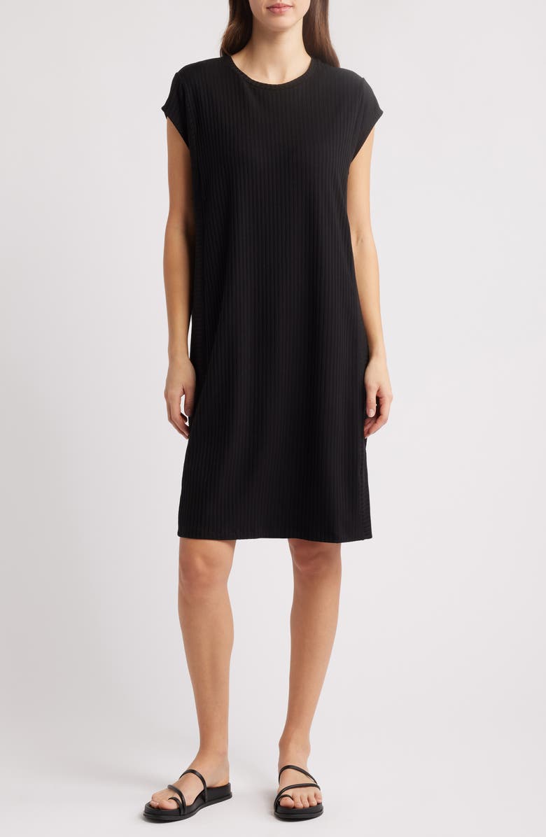 Eileen Fisher Cap Sleeve Rib Dress, Main, color, Black