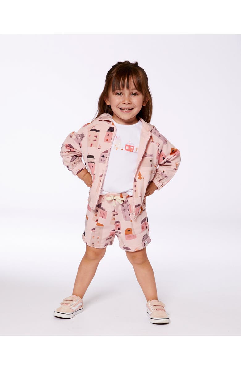 Deux par Deux Little Girl's Printed French Terry Short Pink And Coral Houses, Alternate, color, 