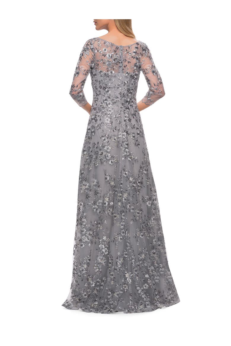 Lace Gown with Full Skirt and Sheer Lace Sleeves, Alternate, color, Silver