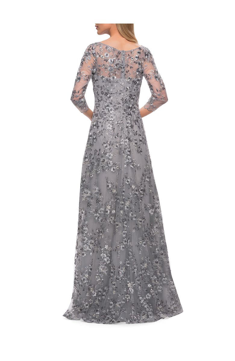 La Femme Lace Gown with Full Skirt and Sheer Lace Sleeves, Alternate, color, Silver