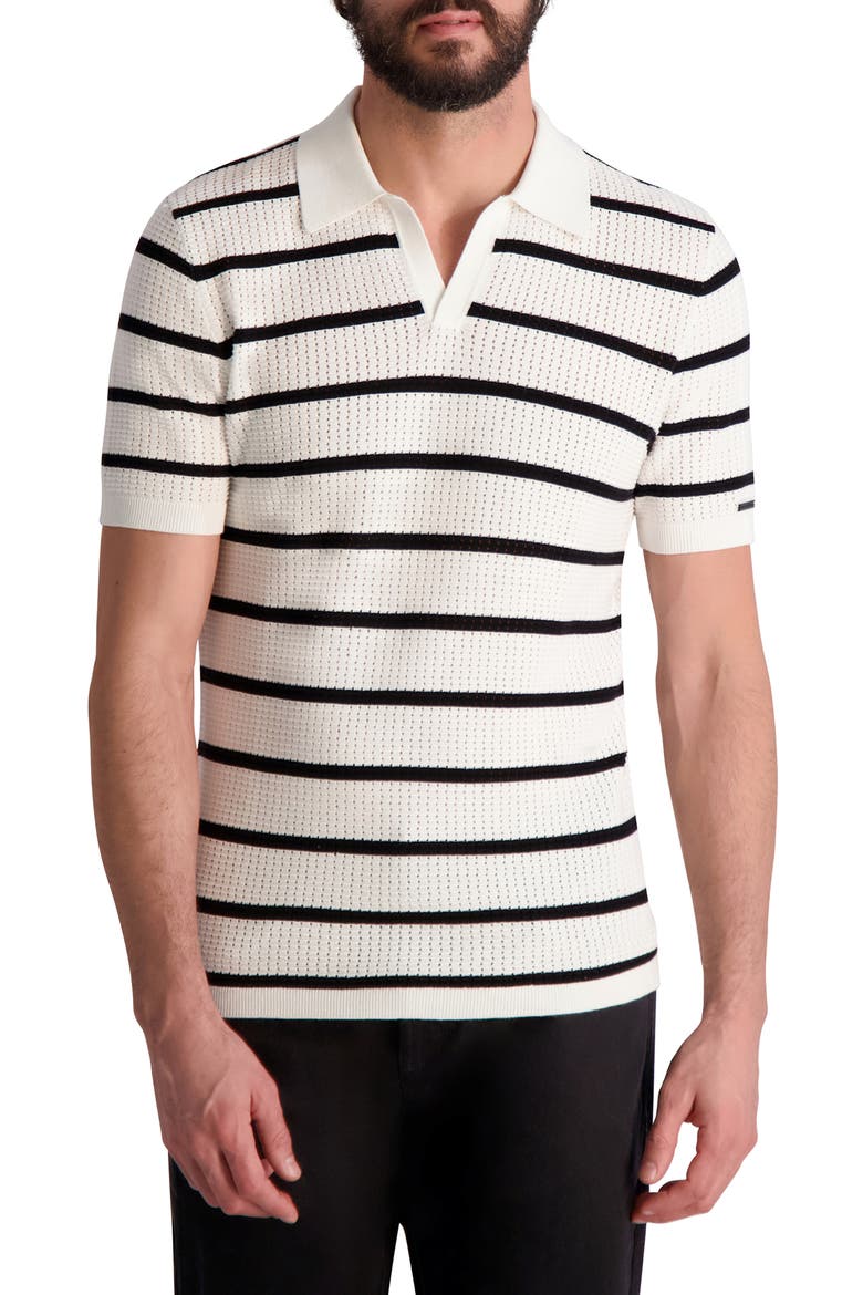 Striped Crochet Johnny Collar Polo, Main, color, WHITE/ BLACK