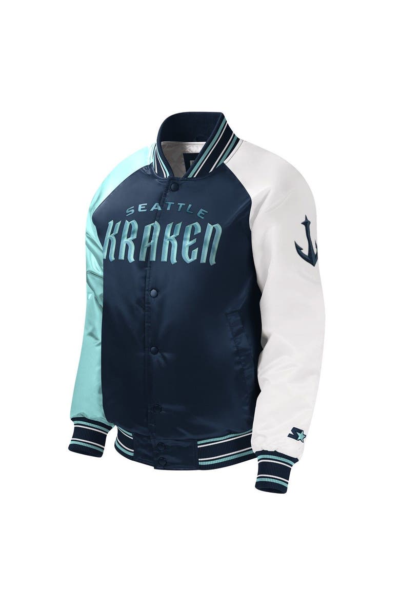 Youth Starter Deep Sea Blue Seattle Kraken Raglan Full-Snap Varsity Jacket, Alternate, color, Navy
