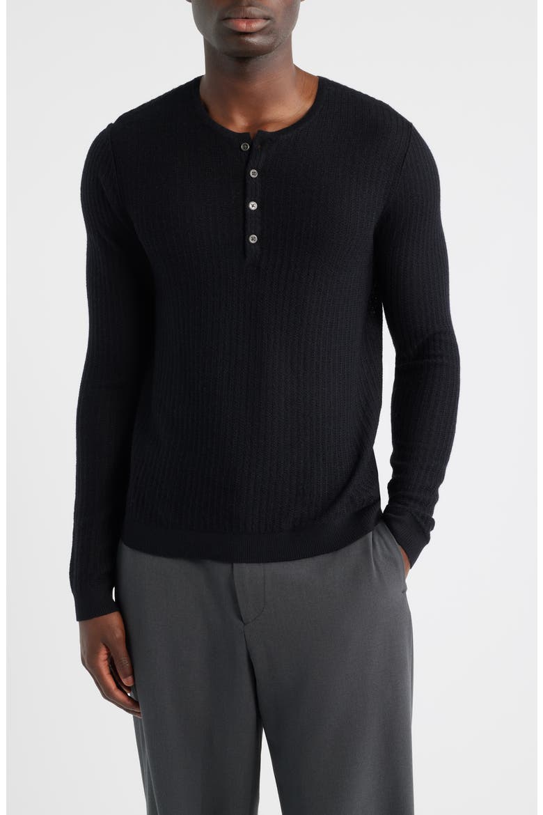 Albano Regular Fit Merino Wool & Silk Rib Henley, Main, color, BLACK
