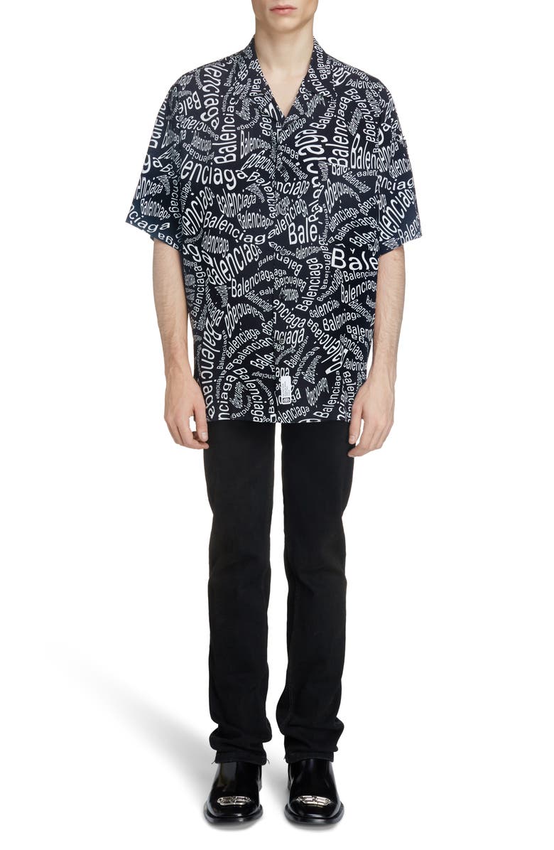 Balenciaga Logo Print Short Sleeve Button-Up Camp Shirt, Alternate, color, 