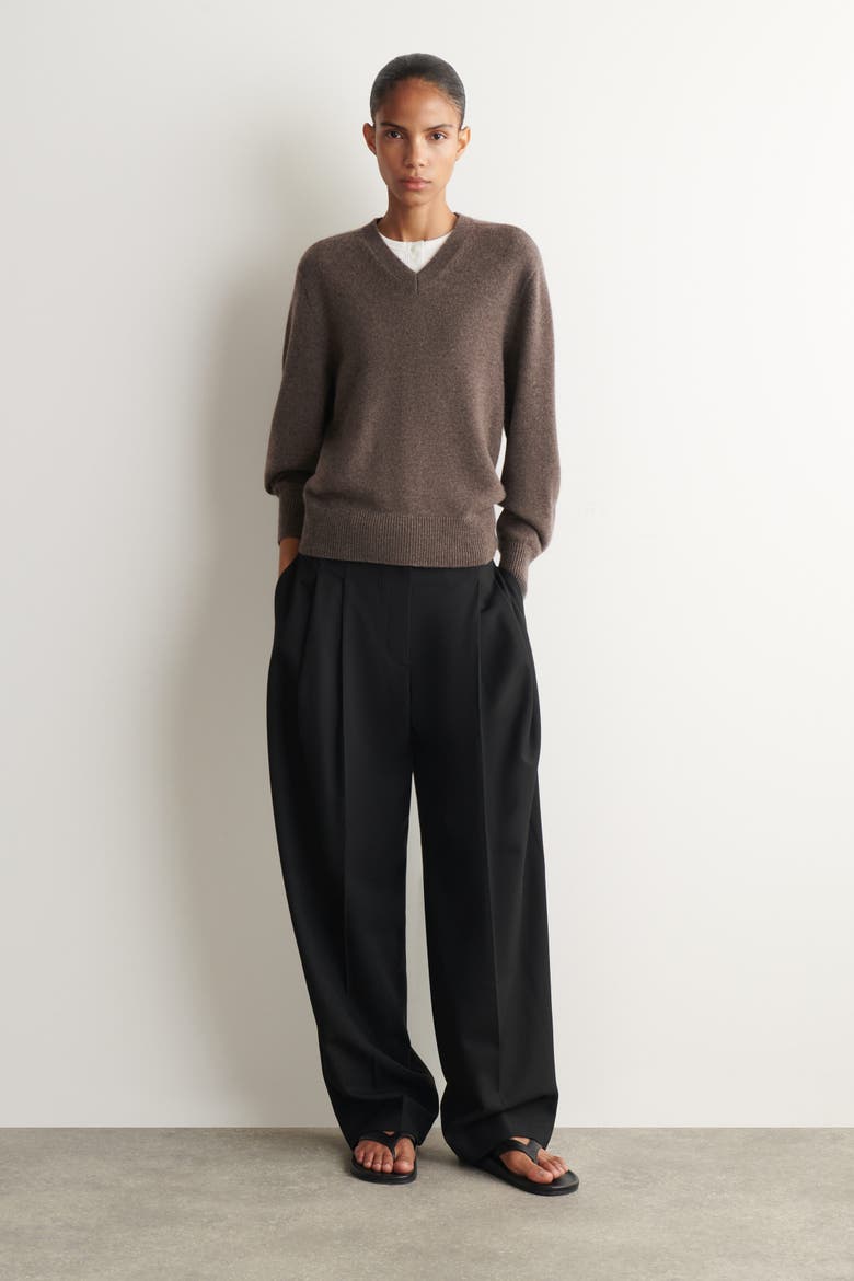Sculpted Pure Cashmere V-neck Sweater, Alternate, color, BROWN MÉLANGE