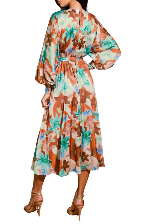 Flying Tomato Bishop Sleeve Satin Midi Dress In Rust Teal