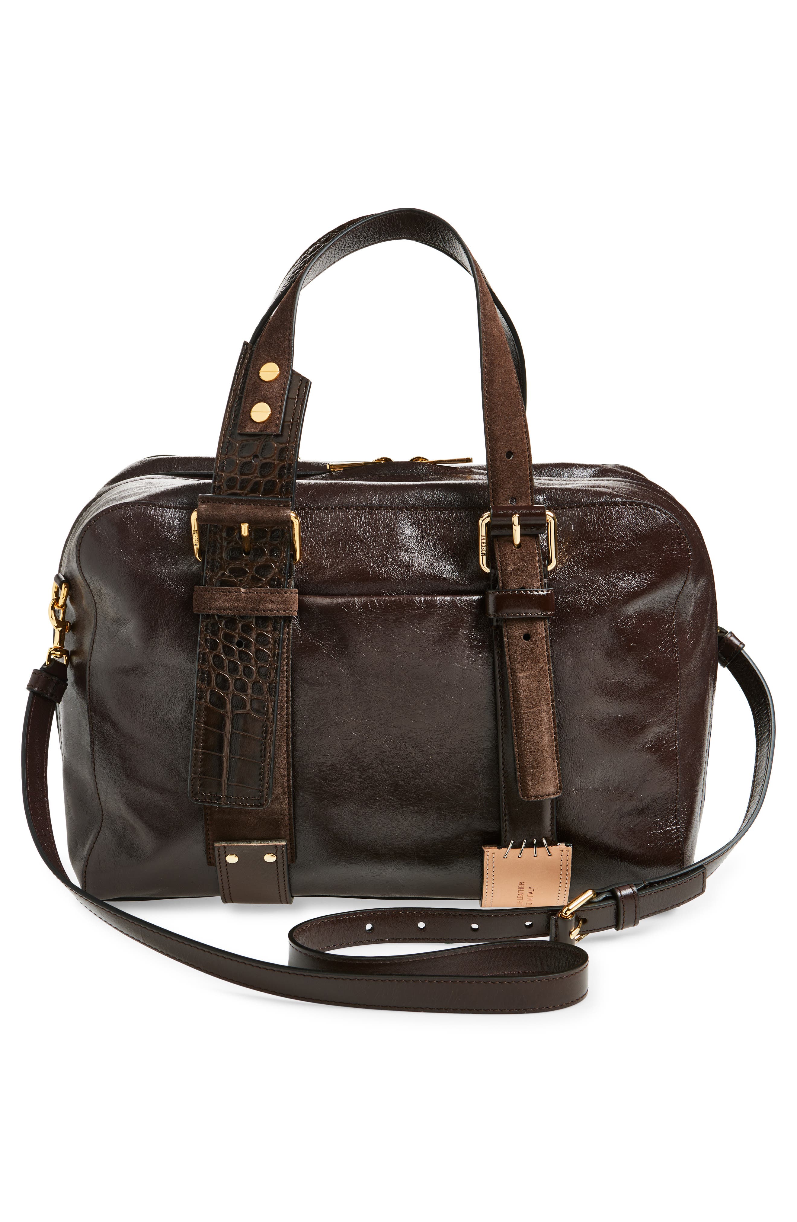 Moschino Leather Top Handle Bowling Bag, Alternate, color, Dark Brown