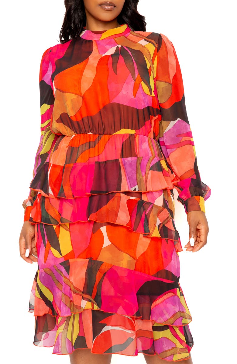 BUXOM COUTURE Long Sleeve Tiered Dress, Alternate, color, Multi