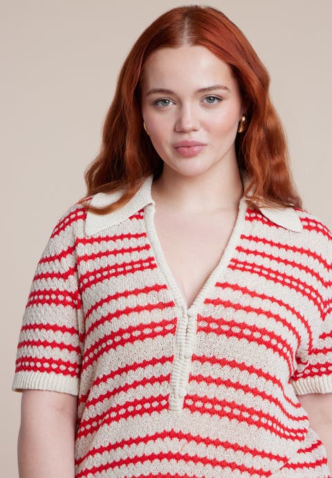 Pointelle Stripe Boxy Sweater Top (Plus)