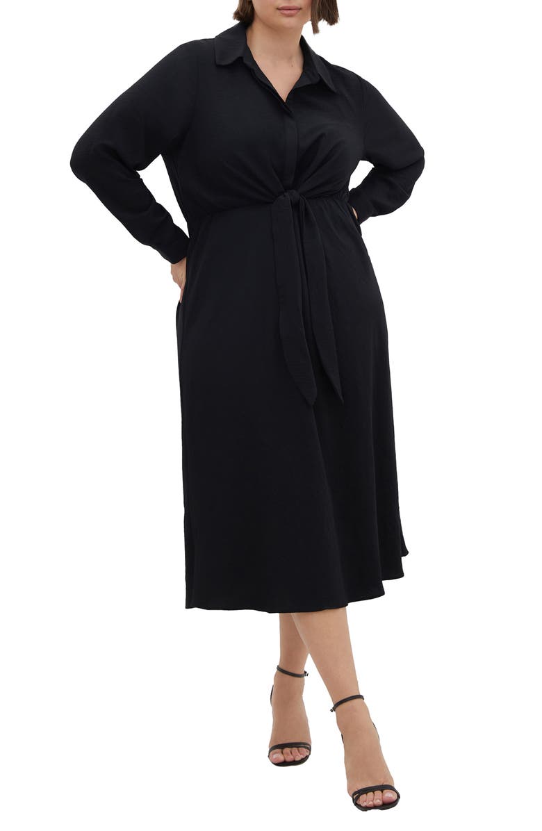 City Chic Chancery Lane Tie Waist Long Sleeve Midi Shirtdress, Main, color, 