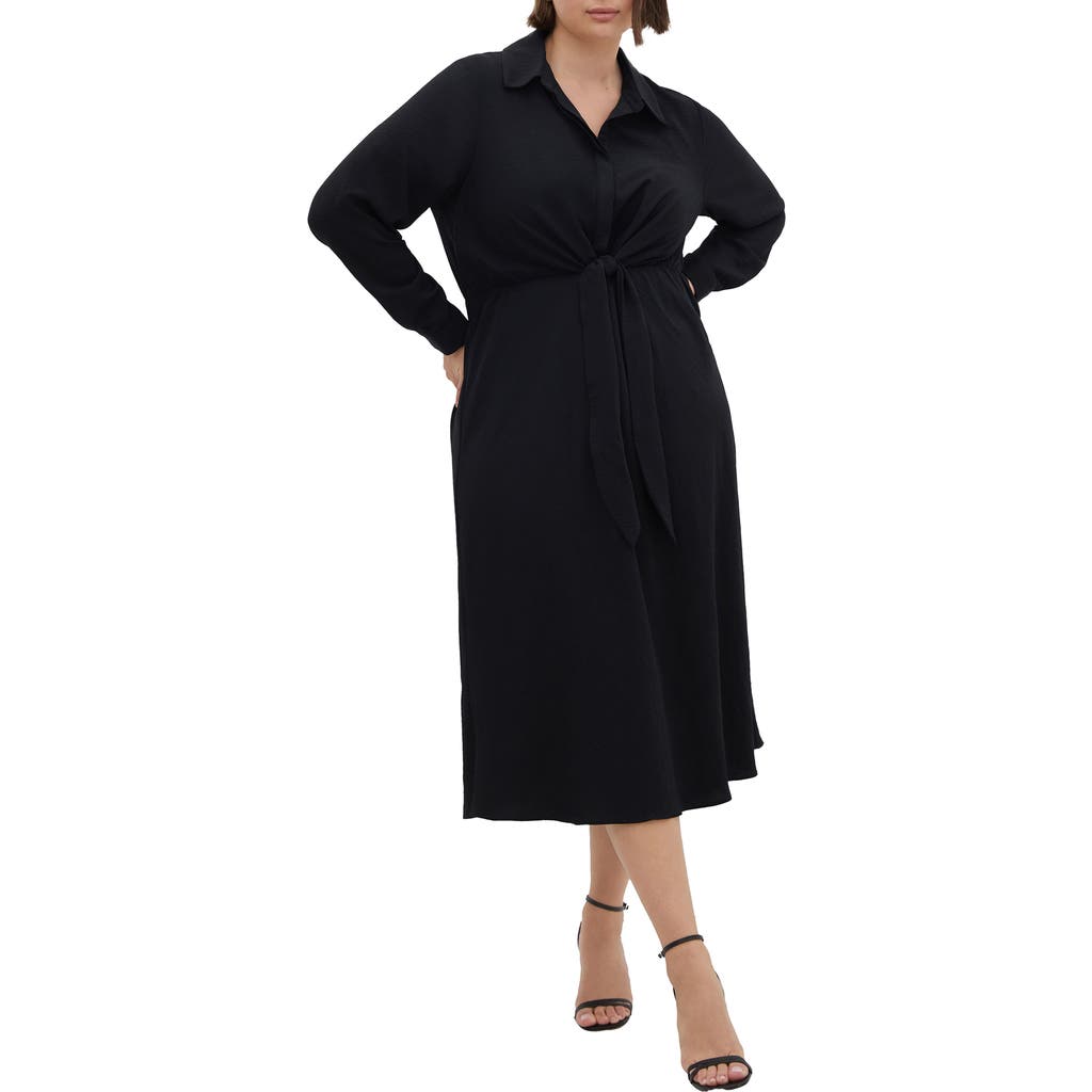 City Chic Chancery Lane Tie Waist Long Sleeve Midi Shirtdress In Black