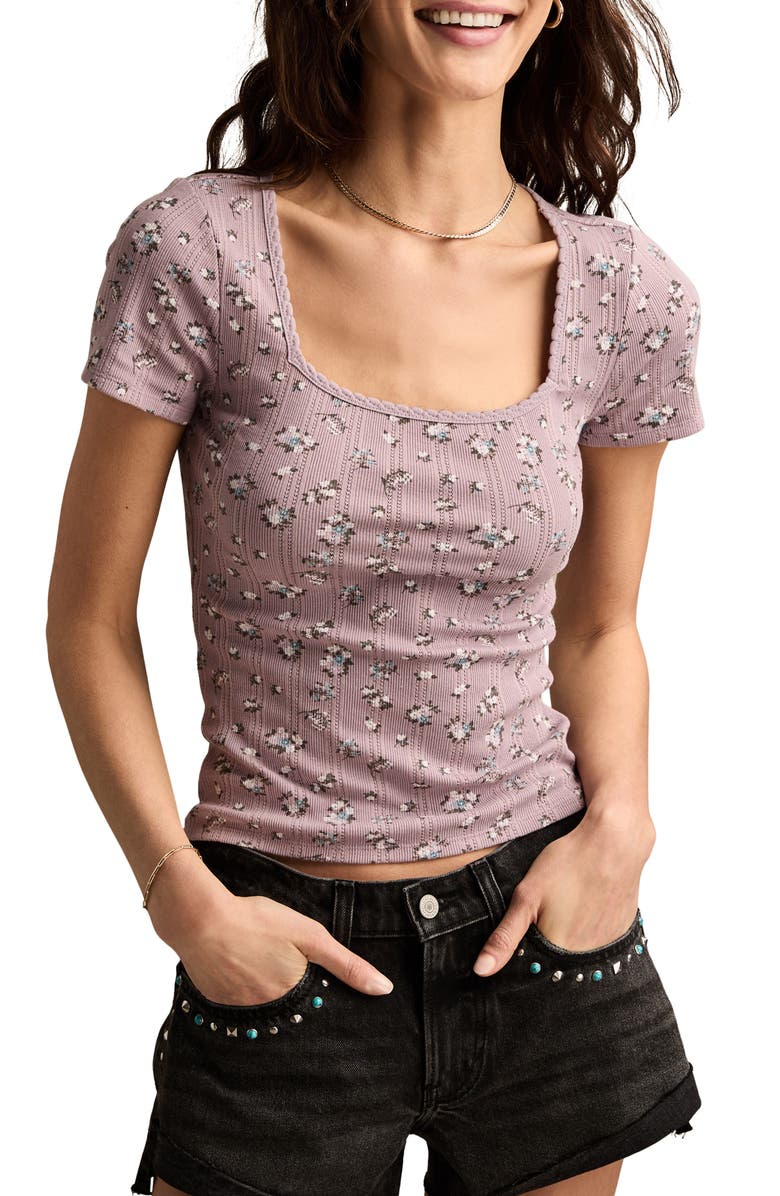 Lucky Brand Floral Pointelle Square Neck T-Shirt, Main, color, Mauve Floral