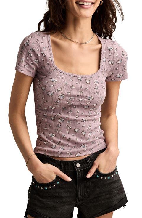 Floral Pointelle Square Neck T-Shirt