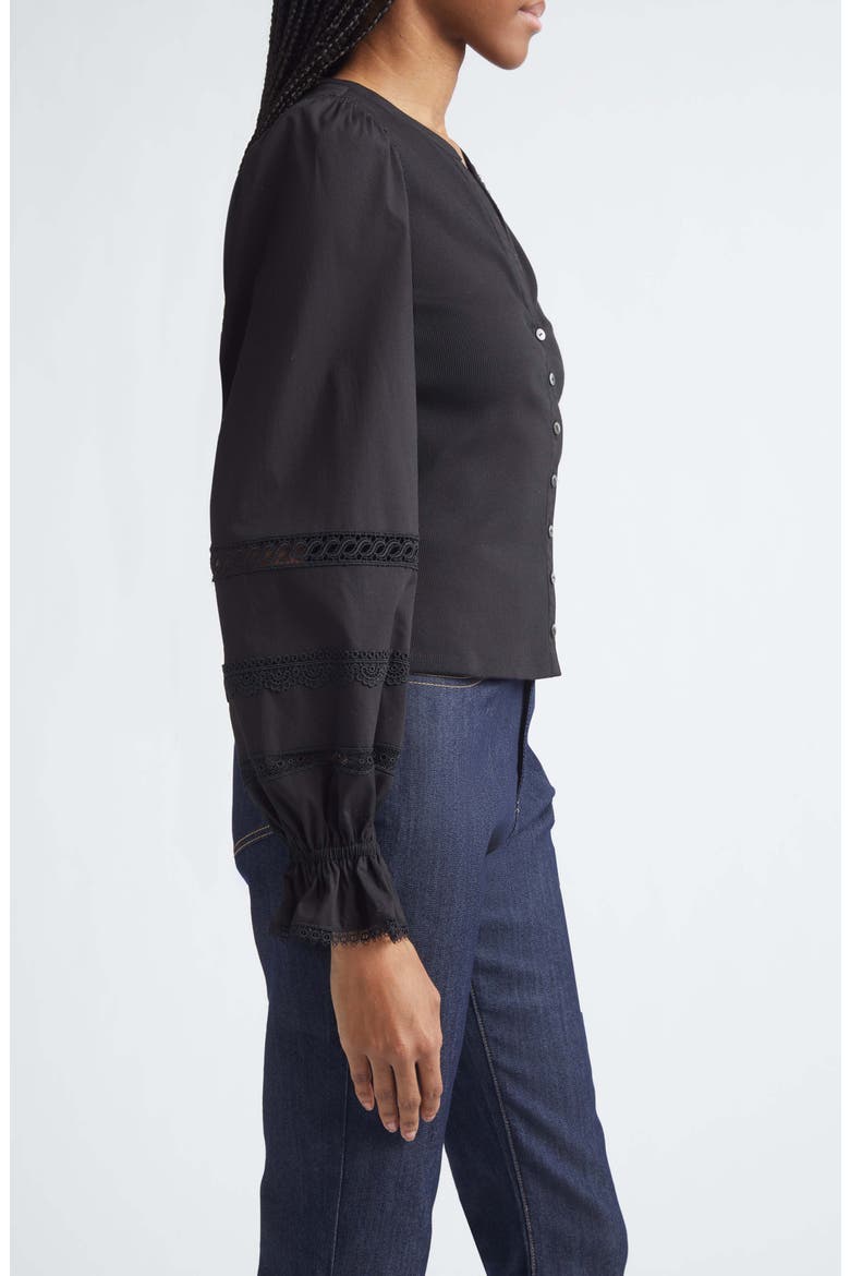 Ginny Lace Trim Puff Sleeve Top, Alternate, color, BLACK/ BLACK